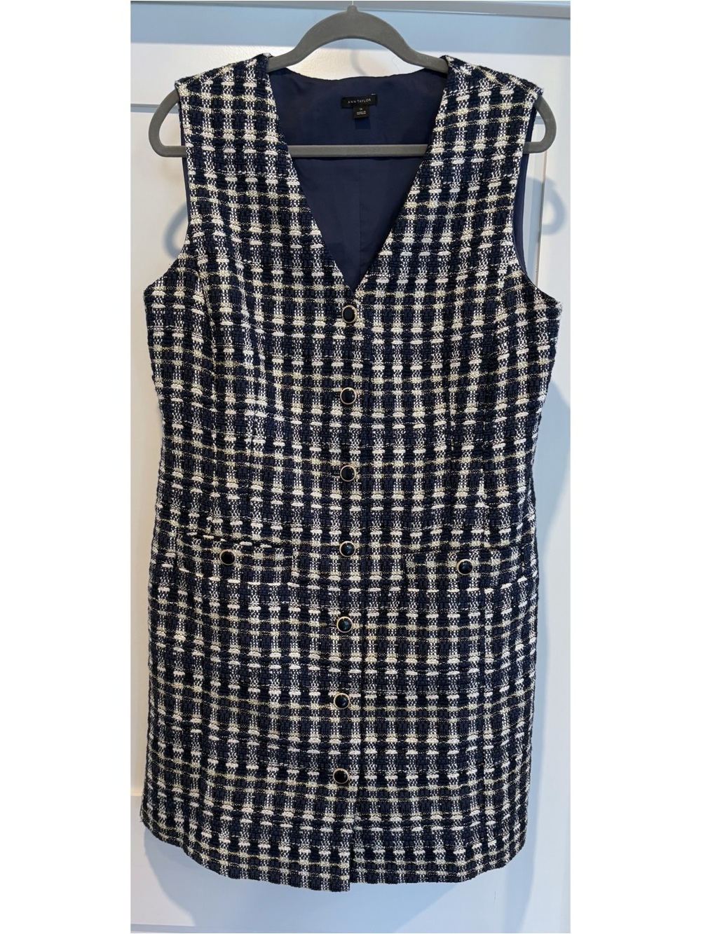 Ann Taylor Navy Gold and White Tweed Sleeveless Button-Front Mini Dress